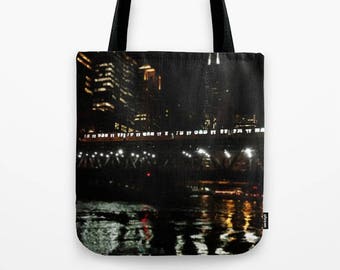 Chicago El and River at Night Photo Tote Bag