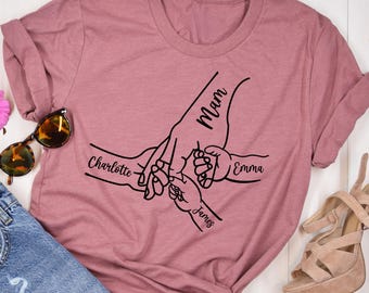 Personalized Mom Holding Hands Shirt, Shirt with Kids Names, Custom Mama Fingers Tee, Mother's Day Nana Grandma Gigi, Custom Kids Name Gift