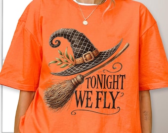 Tonight We Fly Halloween Shirt: Witch Hat Broomstick Graphic Tee