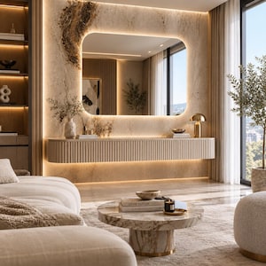 May include: A living room interior featuring a wall-mounted, fluted beige console table beneath a large, rounded rectangular mirror with integrated LED backlighting. A circular marble coffee table sits in the foreground on a textured rug.