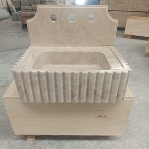 Custom Size Hand-carved Beige Calacatta Viola Marble Sink with Backsplash, Crema Marfil Stone Vessel Vanity, Integrated Backsplash