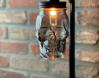 Industrial Skull Lamp / Table / Accent Lamp / steampunk / modern lamp with wood base