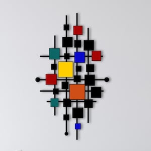 May include: A white couch with a brown fur throw and a wooden coffee table. A black and colorful geometric wall art piece hangs above the couch.
