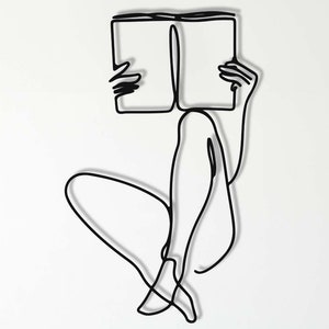 Minimalist Line Art, Metal Wall Decor, Metal Wall Art, Home Wall Hangings, Geometric Wall Art, Home Metal Decor, Woman Reading a Book Art