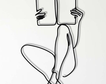 Minimalist Metal Wall Art: Woman Reading Line Art Decor, Book Lover Gift