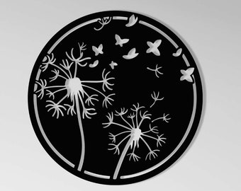 Dandelion Metal Wall Art: Minimalist Line Art with Flying Birds and Butterflies