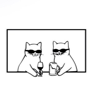 クールな猫が水を飲むメタルウォールアート、楽しい黒猫の壁掛け、ミニマリストラインアート、動物のメタルウォールアート、メタルウォールデコレーション、メタルウォールアート