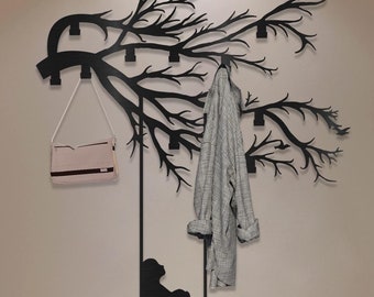 Gothic Tree Metal Coat Rack: Melancholic Girl on Swing Wall Art, Goth Towel Hooks