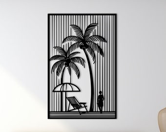 Tropical Beach Metal Wall Art: Palm Tree Silhouette Decor, Vacation Wall Hanging