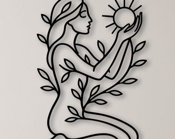 Woman Sun Metal Wall Art, Celestial Goddess Line Art, Spiritual Female Decor, Boho Metal Wall Hanging, Yoga Room Decor, Housewarming Gift