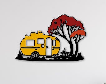 Colorful Camper Metal Wall Art: Camping Scene Decor at Nature with Caravan and Tree