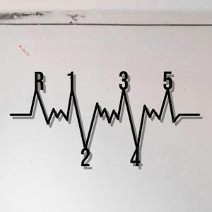 May include: A black metal wall art piece depicting a gear shift pattern with the letters R, 1, 2, 3, 4, and 5.