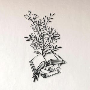 Open Book with Flowers Metal Wall Art, Wall Decor for Reading Corner, Modern Book and Floral Wall Hanging, Wall Decor for Library