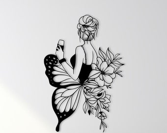 Butterfly Woman Metal Wall Art: Elegant Floral Line Decor