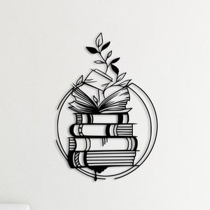 Stacked Books with Leaves Metal Wall Art, Literary-Inspired Black Metal Decor, Modern Book and Plant Wall Hanging for Living Room,