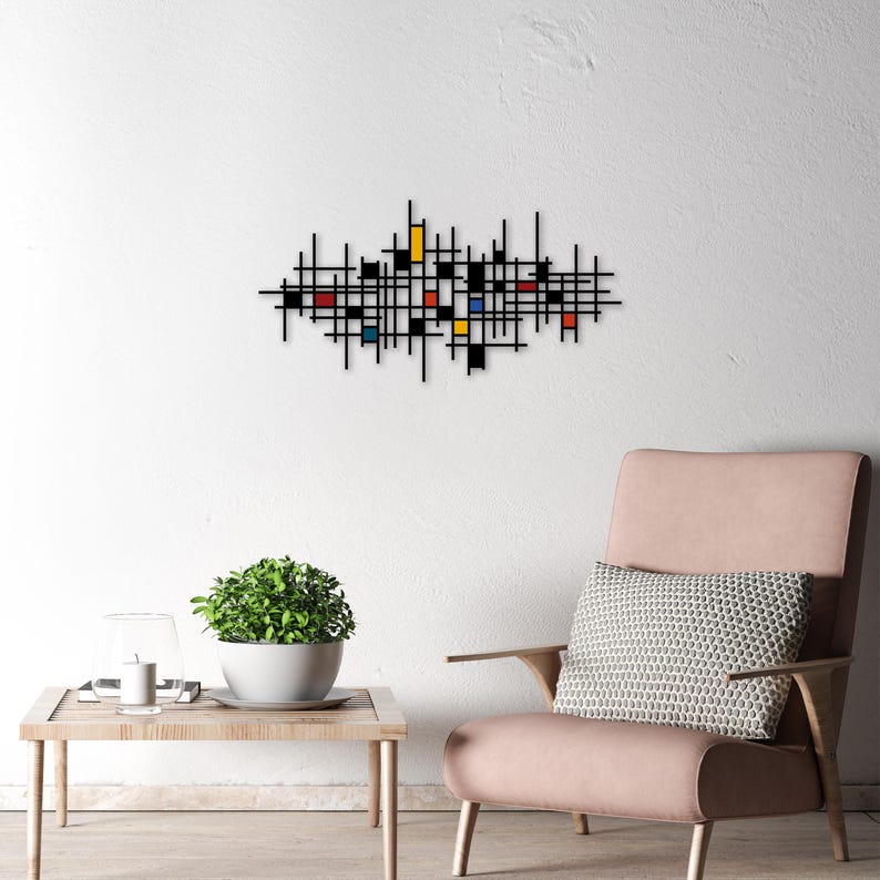 Image showcasing Colorful Metal Wall Art: Geometric Figures & Lines Sculpture, Creative ...