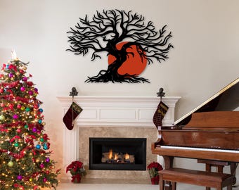 Tree of Life Metal Wall Art, Orange Sun, Family Tree Decor