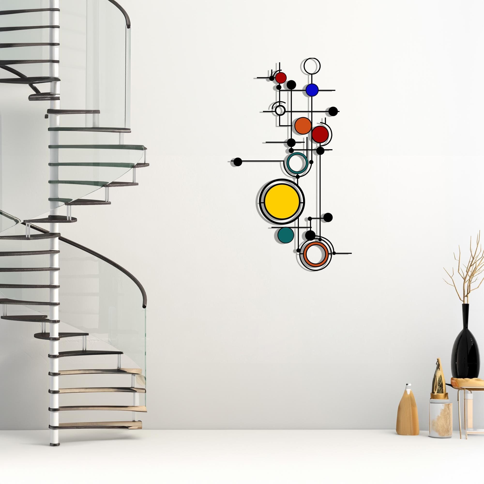 Geometric Metal Wall Art: Colorful Circles & Lines, Minimalist Japandi Decor, Gift for Artist
