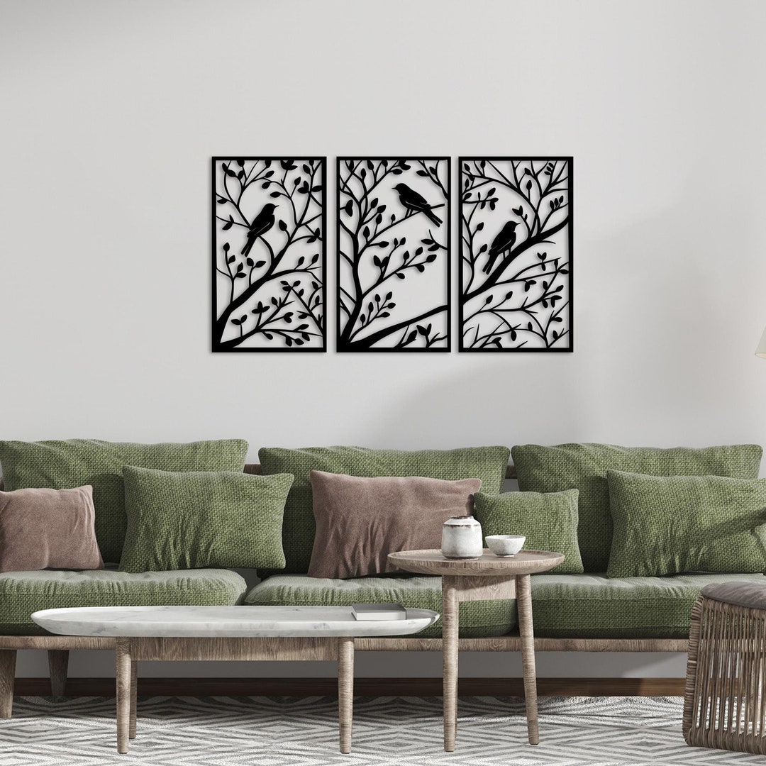 Set of 3 Birds on Branch Metal Wall Art: Outdoor & Interior Decoration ...