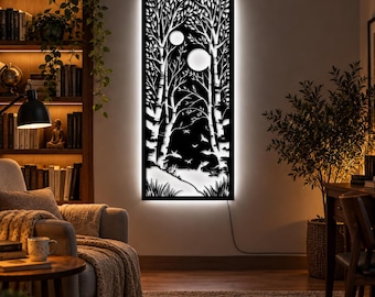 LED Metal Wall Art, Backlit Tree Wall Decor, Moonlight Woodland Panel, Black Steel Nature Sculpture, Forest Bedroom Dining Room Decor