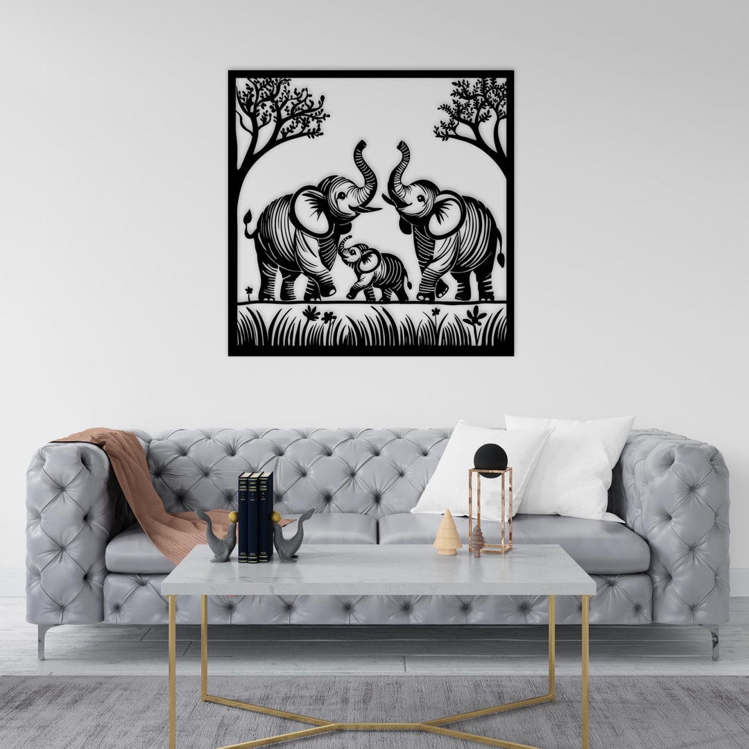 Elephant Family Metal Wall Art, Black Safari-inspired Wall Hanging ...