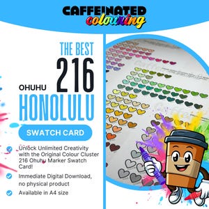 216 Tarjetas de muestra de marcadores Ohuhu Honolulu / Descarga digital en PDF A4 y tamaño carta de EE. UU. / Grupos de colores / Tabla de colorear organizada para hacer uno mismo /