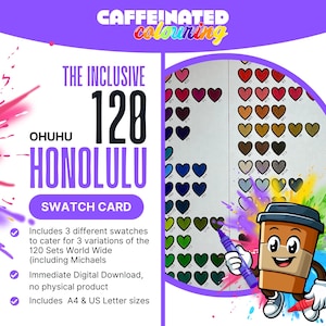 120 muestras de marcadores Ohuhu Honolulu / Descarga digital en formato PDF en A4 y carta de EE. UU. / Tabla de colores en blanco imprimible / Grupos de colores