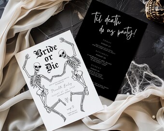 Pode incluir: Um convite branco com uma ilustração em preto e branco de dois esqueletos dançando. O texto "Bride or Die" está em uma fonte gótica. O convite é para uma despedida de solteira para Meredith Bailey, de 27 a 29 de agosto de 2025. Um cartão preto com texto branco diz "Til death do us party!" e lista os eventos do fim de semana.