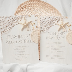 Seashells and Wedding Bells Bachelorette Invitation and Itinerary Template, Editable Costal Weekend, Beach Bachelorette, Printable Set