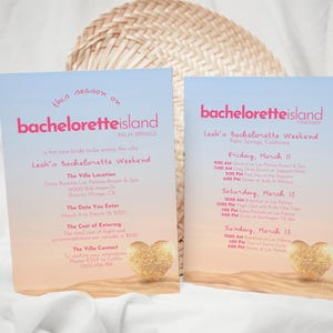 Bachelorette Island-uitnodiging en reisplan, Tropical Bach Weekend-sjabloon, afdrukbare Reality Show-feestuitnodiging, bewerkbare canva-pdf