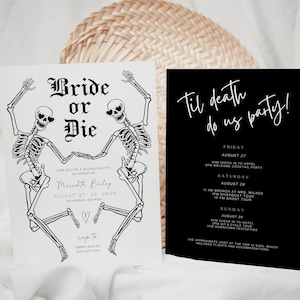 Braut oder Die Bachelorette Einladungsvorlage, Til Death Do Us Party, Gothic Bachelorette, Skelett Bachelorette, Halloween Bachelorette