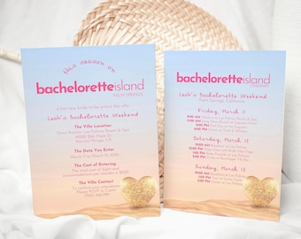 Bachelorette Island Invitation & Itinerary, Tropical Party Template (Editable Canva PDF)