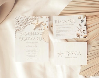 Beach Bridal Shower Invitation Bundle: Seashell Theme (Editable Canva Template)