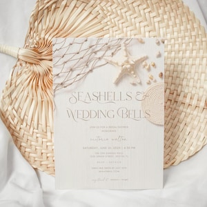 Seashells & Wedding Bells Bridal Shower Invitation, Beach Theme Editable Template, Costal Summer Bridal Invite, Digital Download, Canva
