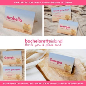 Bachelorette Island-bedankkaarten en naamkaartjes, bewerkbare canvassjabloon, tropische vrijgezellenfeestkaartjes, decor strandfeest