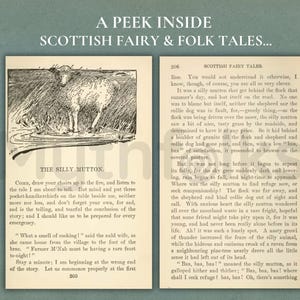 May include: Two pages from a book titled Scottish Fairy & Folk Tales. The left page features a black and white illustration of a sheep and the title The Silly Mutton. The right page contains printed text numbered 206 with a story about a sheep.