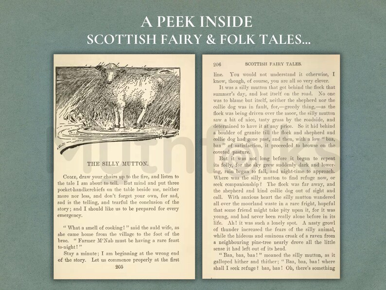 May include: Two pages from a book titled Scottish Fairy & Folk Tales. The left page features a black and white illustration of a sheep and the title The Silly Mutton. The right page contains printed text numbered 206 with a story about a sheep.