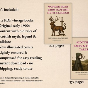 May include: Two digital PDF books featuring Scottish folklore. The first, Wonder Tales from Scottish Myth & Legend by Donald A. Mackenzie, shows a stag and sword. The second, Scottish Fairy & Folk Tales by Sir George Douglas, depicts a hooded figure.