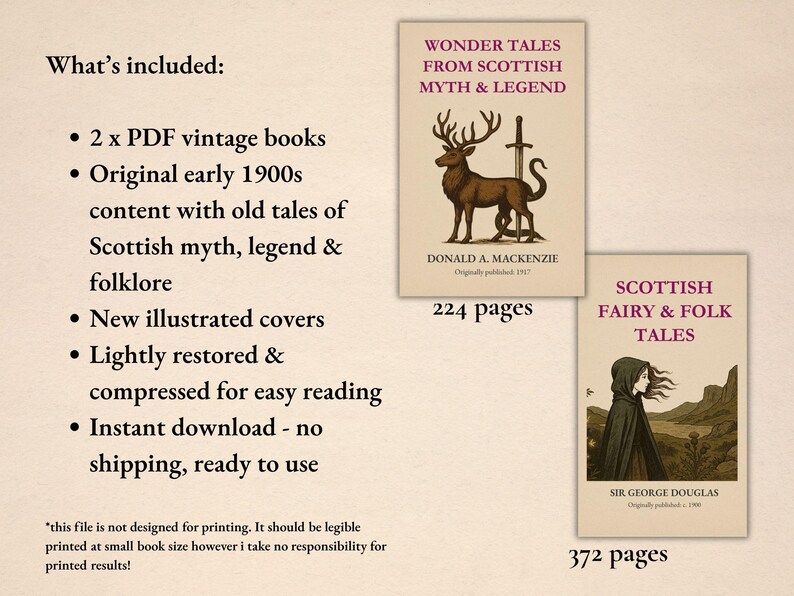May include: Two digital PDF books featuring Scottish folklore. The first, Wonder Tales from Scottish Myth & Legend by Donald A. Mackenzie, shows a stag and sword. The second, Scottish Fairy & Folk Tales by Sir George Douglas, depicts a hooded figure.