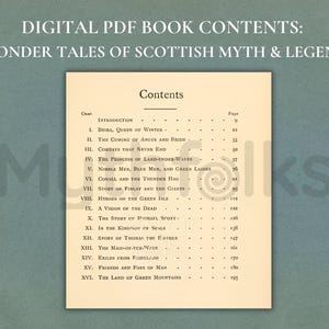 May include: A digital PDF book contents page titled Wonder Tales of Scottish Myth & Legend. The cream-colored page lists sixteen chapters and an introduction with corresponding page numbers, ranging from 9 to 195, in black serif font.