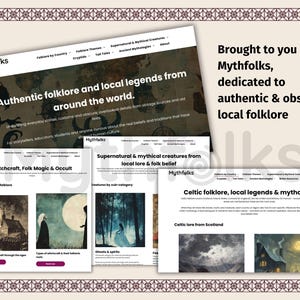 May include: A digital display of the Mythfolks website featuring multiple pages about folklore, local legends, witchcraft, folk magic, occult, and Celtic mythology, with text headers and various illustrations of supernatural creatures and scenes.