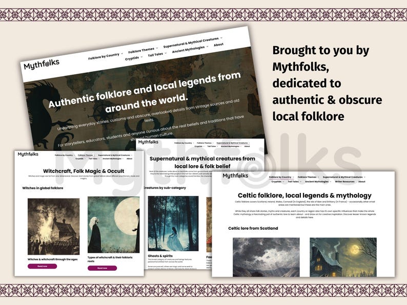 May include: A digital display of the Mythfolks website featuring multiple pages about folklore, local legends, witchcraft, folk magic, occult, and Celtic mythology, with text headers and various illustrations of supernatural creatures and scenes.