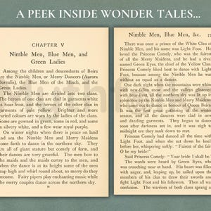 May include: Two pages from a vintage book titled A PEEK INSIDE WONDER TALES. The left page is headed CHAPTER V, Nimble Men, Blue Men, and Green Ladies. The right page is headed Nimble Men, Blue Men, &c. 77, featuring printed black text.