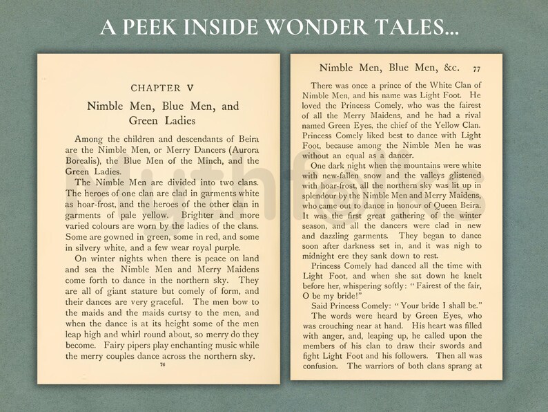 May include: Two pages from a vintage book titled A PEEK INSIDE WONDER TALES. The left page is headed CHAPTER V, Nimble Men, Blue Men, and Green Ladies. The right page is headed Nimble Men, Blue Men, &c. 77, featuring printed black text.