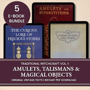 May include: A 5 e-book bundle featuring digital covers titled Amulets and Superstitions, The Curious Lore of Precious Stones, and The Power of Gems and Charms. A dark purple banner displays the text Traditional Witchcraft Vol. 1: Amulets, Talismans & Magical Objects.
