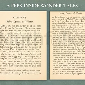 May include: Two open book pages with cream-colored paper and black text. The header reads A PEEK INSIDE WONDER TALES. The text begins with CHAPTER I Beira, Queen of Winter, detailing the story of Beira, the mother of all gods in Scotland.