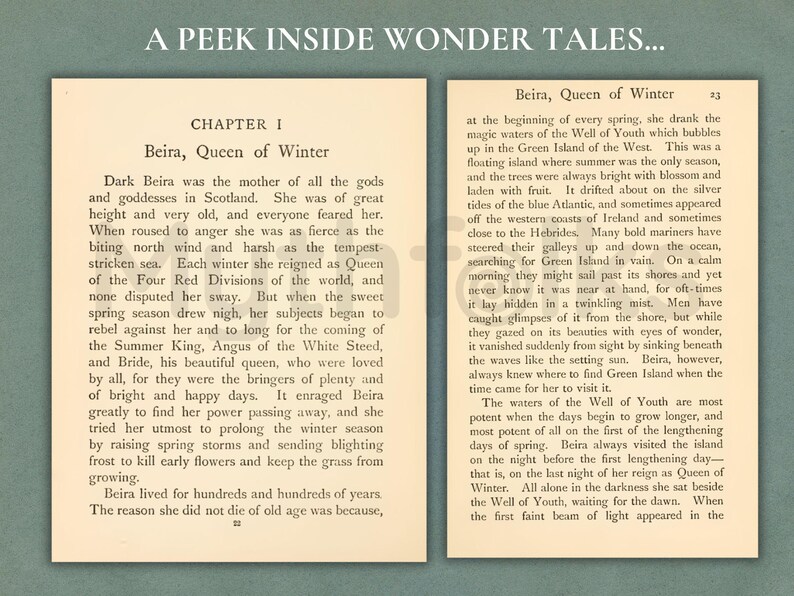 May include: Two open book pages with cream-colored paper and black text. The header reads A PEEK INSIDE WONDER TALES. The text begins with CHAPTER I Beira, Queen of Winter, detailing the story of Beira, the mother of all gods in Scotland.