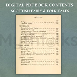 May include: A digital PDF book contents page titled Scottish Fairy & Folk Tales. The page lists sections for Witchcraft, Comic Tales, and Literary Tales, including titles like Fatlips, The Silly Mutton, and The Haunted Ships with page numbers.