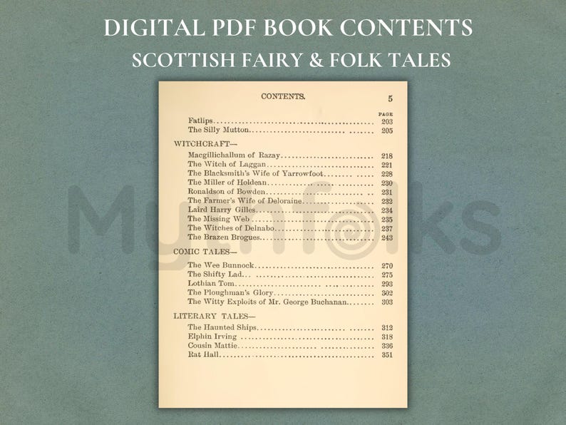 May include: A digital PDF book contents page titled Scottish Fairy & Folk Tales. The page lists sections for Witchcraft, Comic Tales, and Literary Tales, including titles like Fatlips, The Silly Mutton, and The Haunted Ships with page numbers.