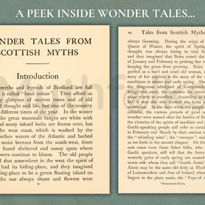 May include: Two pages from a book titled Wonder Tales from Scottish Myths. The text is printed in black ink on cream-colored paper. The left page features the title and introduction, while the right page contains the text of the tenth chapter.
